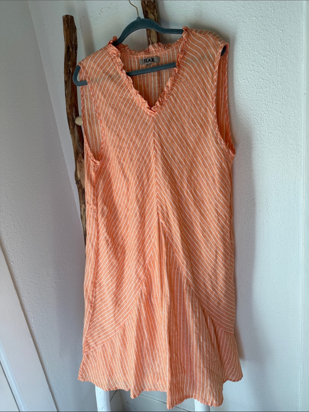 Flax Light Orange White Chevron Striped V-Neck Linen Midi Dress Large - Picture 8 of 8
